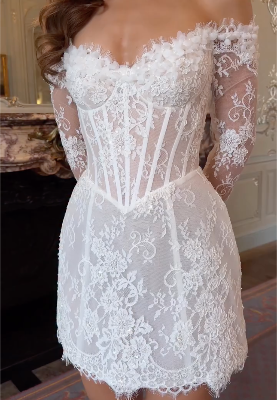 White Off-the-Shoulder Lace Mini Dress with 3D Floral Appliqués