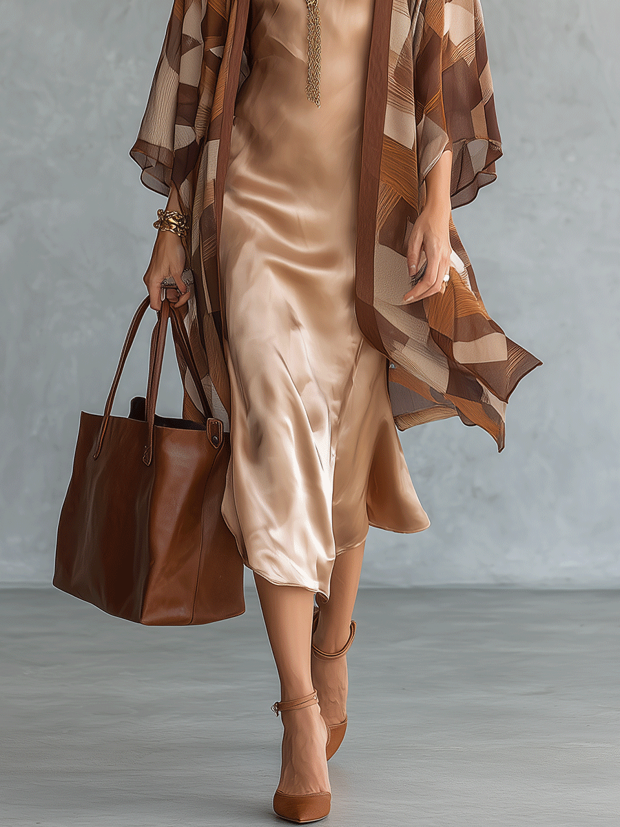 Geometric Print Kimono Cardigan with Satin Slip Dress Two-Piece Set