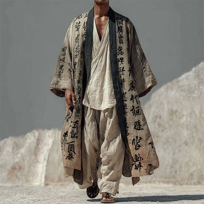 Men's Vintage Japanese Calligraphy Art Long Linen Kimono
