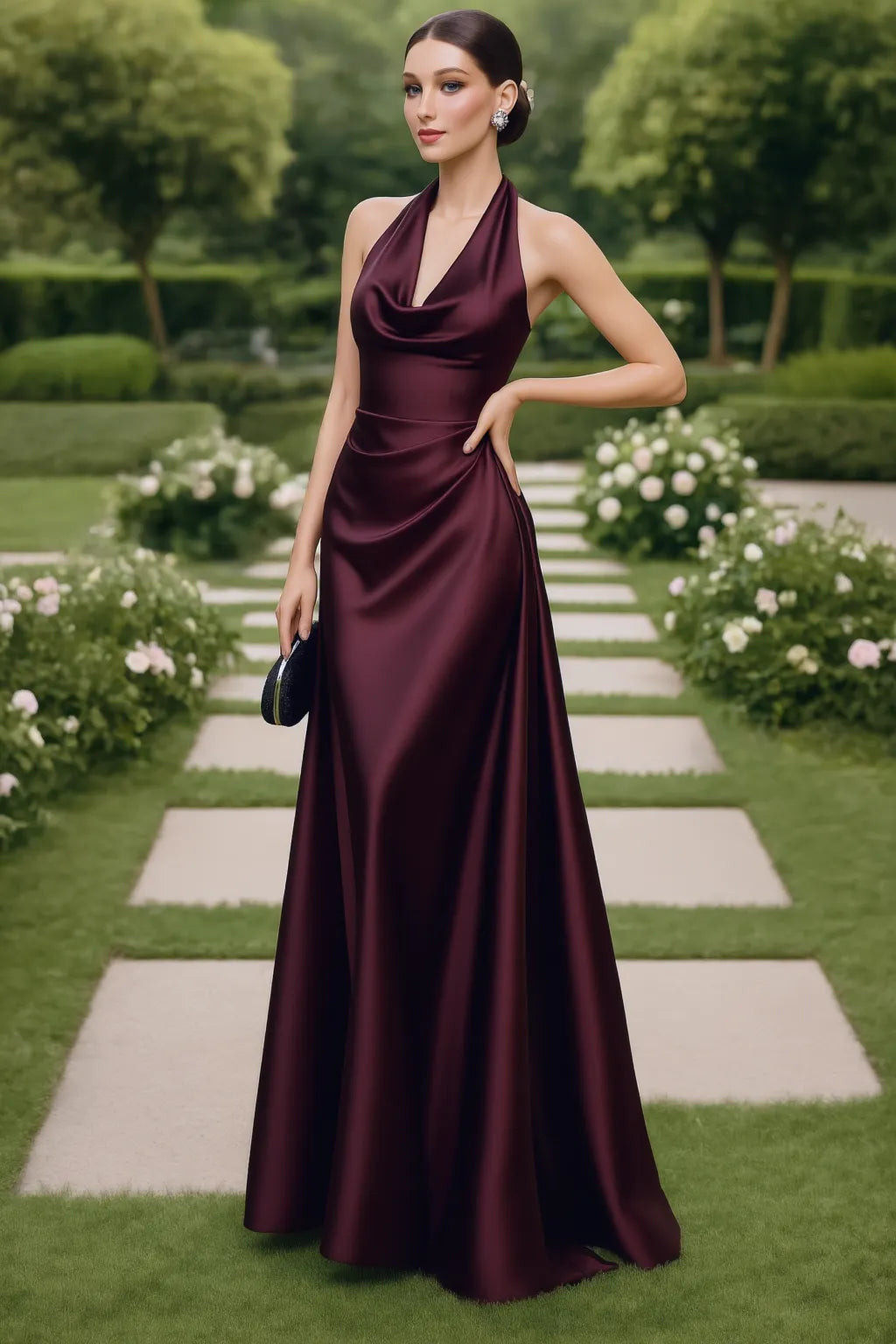 Formal Wedding Guest Dress Burgundy Halter Neck Maxi Satin Dress