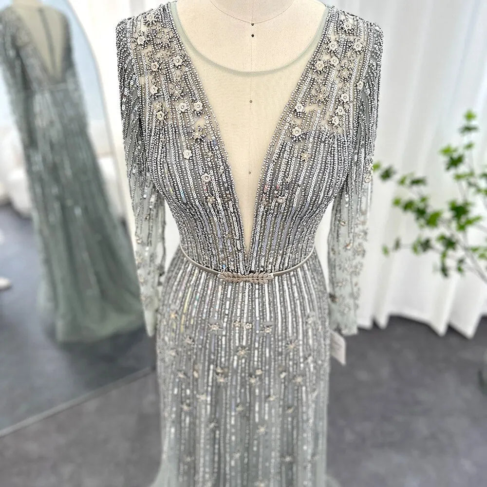 Dreamy Vow Luxury Dubai Gold Silver Evening Dress Long Sleeve Arabic Muslim Formal Prom Dresses for Women Wedding Party 126