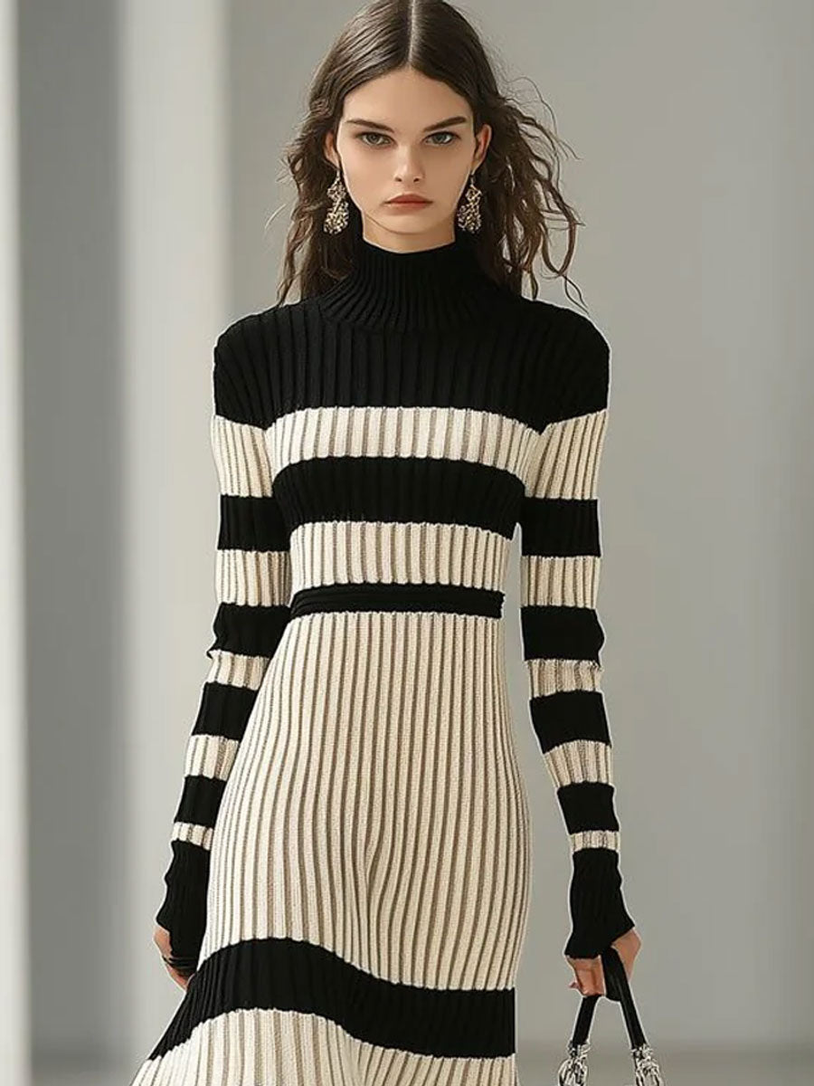 [24-hour shipping out]Fashion Loose Retro Black and White Striped Knitted Turtleneck Midi Dress