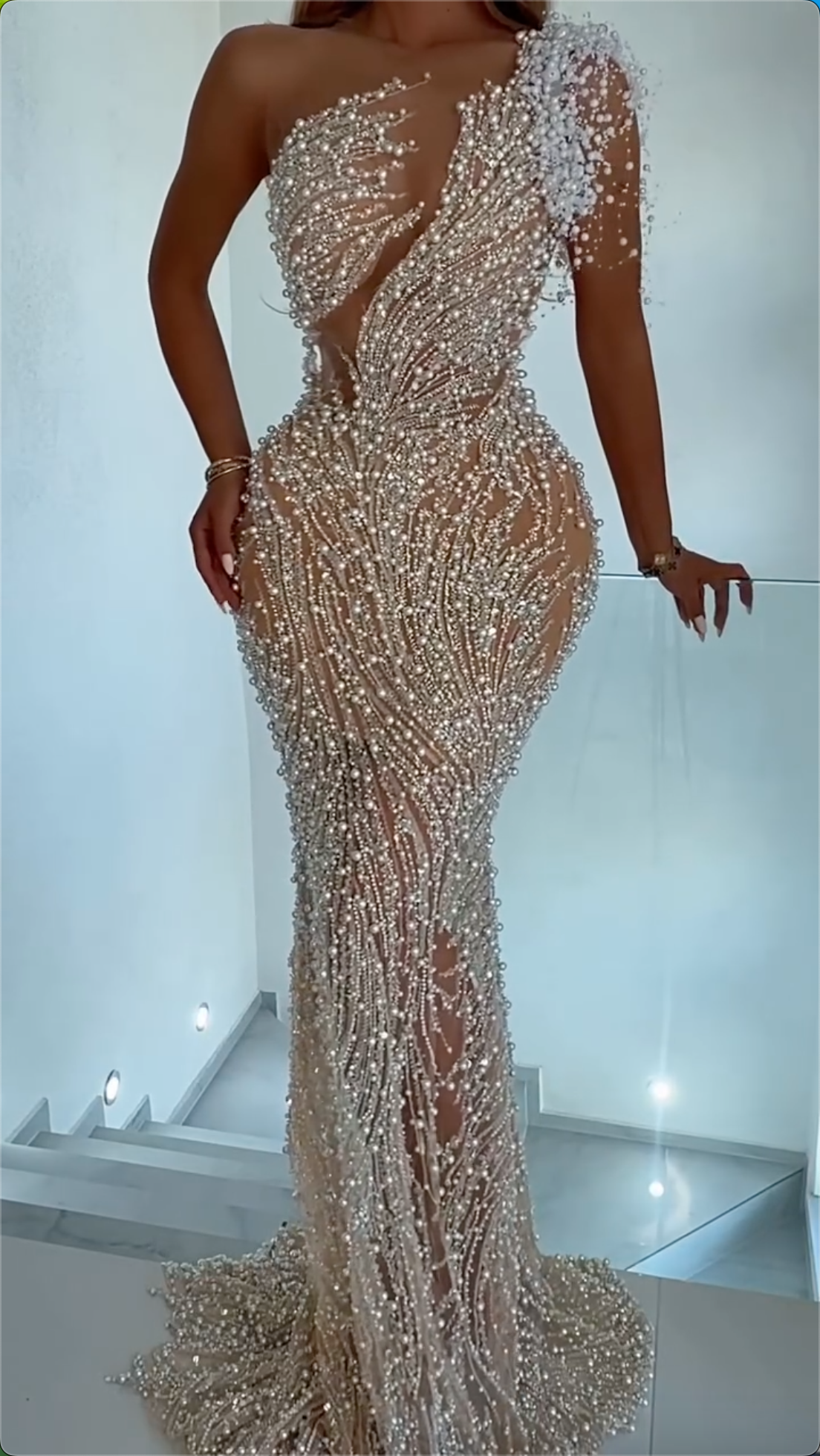 Nude One Shoulder 3D Pearl Rhinestone Feather Sheer Mesh Mermaid Train Evening Maxi Dress For Wedding Guest Prom Gala Birthday Pageant