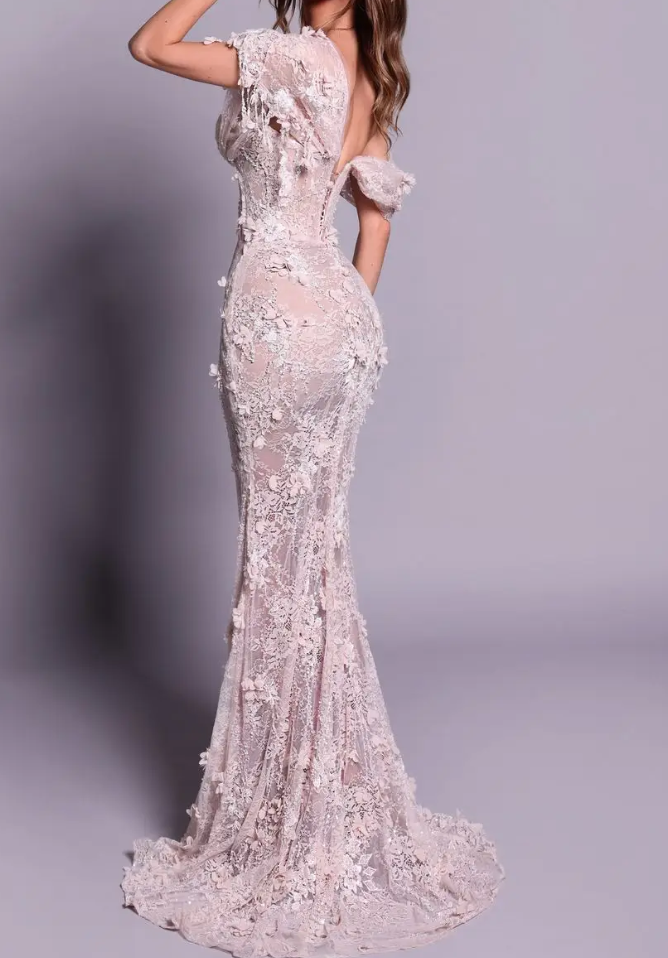Nude 3D Lace Off-Shoulder Mermaid Maxi Dress with Train