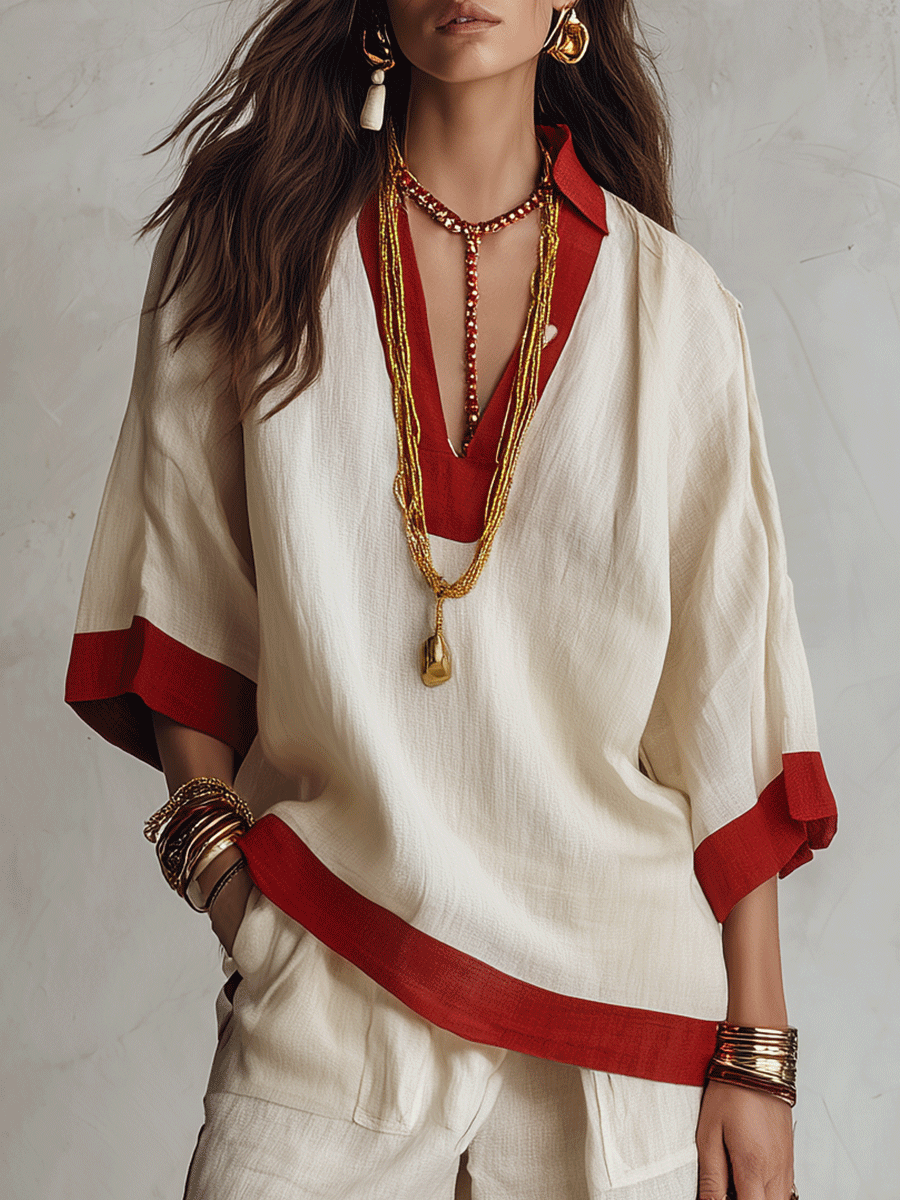 Minimalist Chic Textured Linen Red-Trim Oversized Off-White Palazzo Set