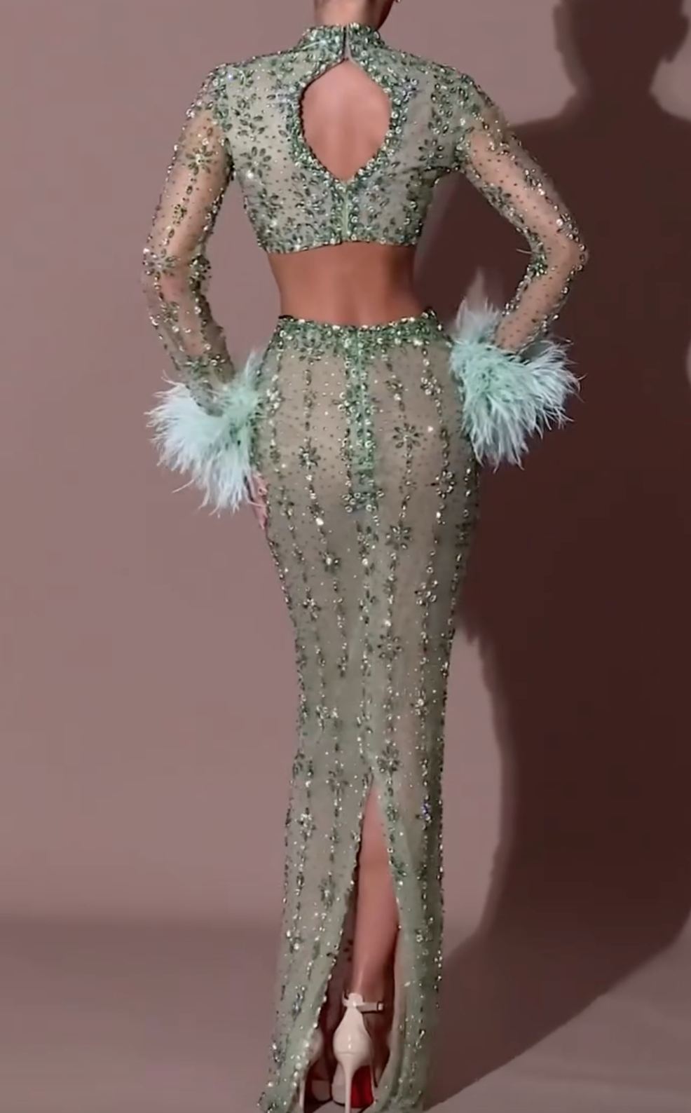 Mint Green Beaded Sheer Two-Piece Set with Feather Cuffs & Crystal Embellishments