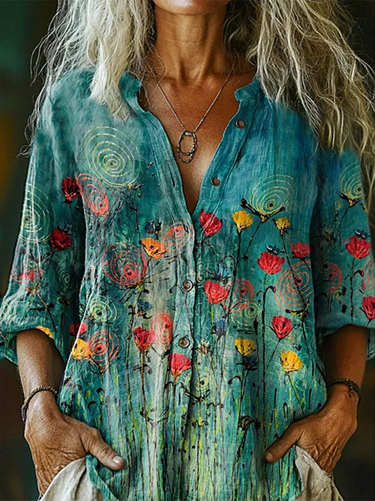 Women's Floral Art Long Sleeve  Casual Linen Henley Collar Shirt
