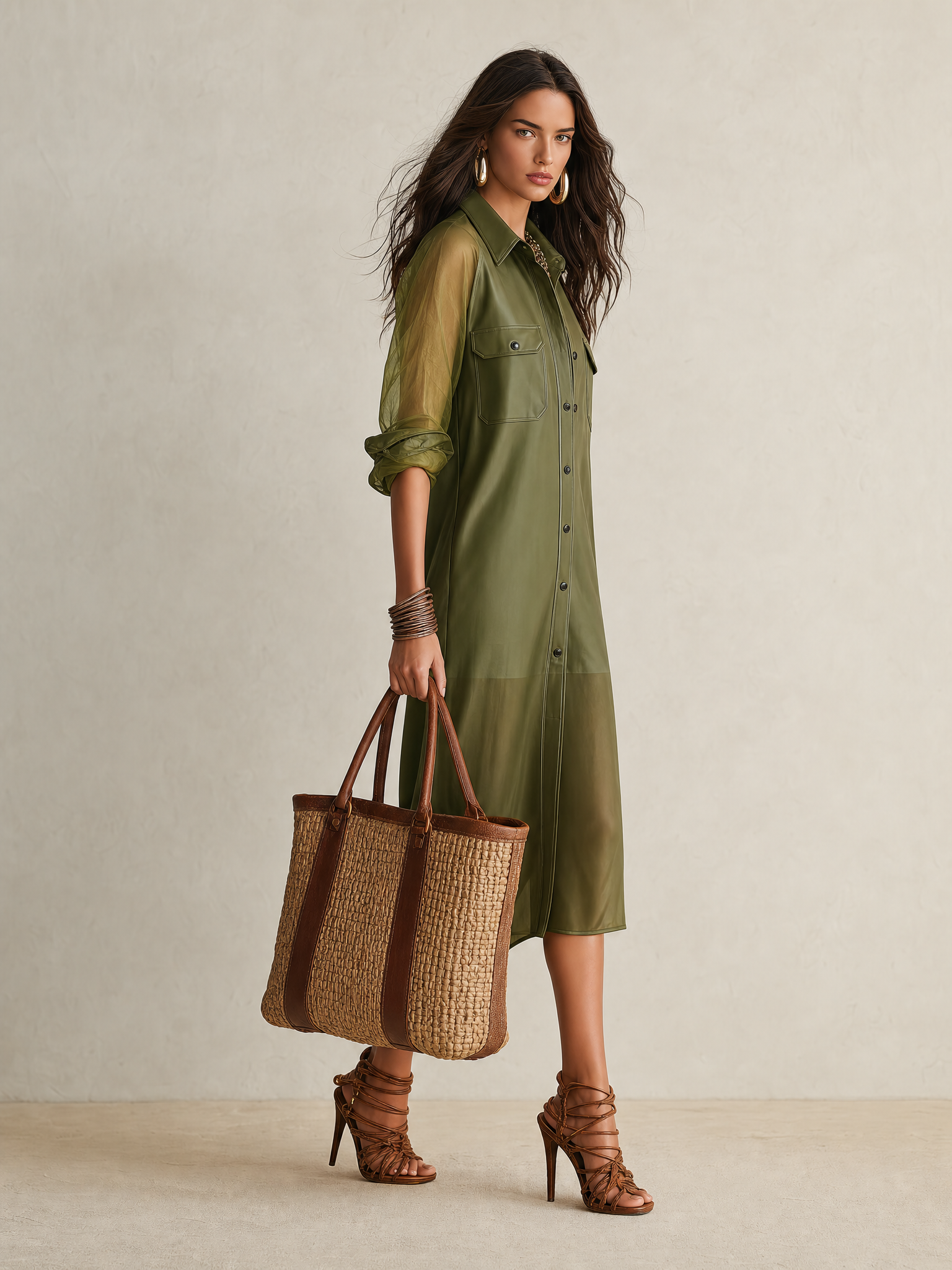 Sheer Olive Long-Sleeve Button-Front Shirt Midi Dress