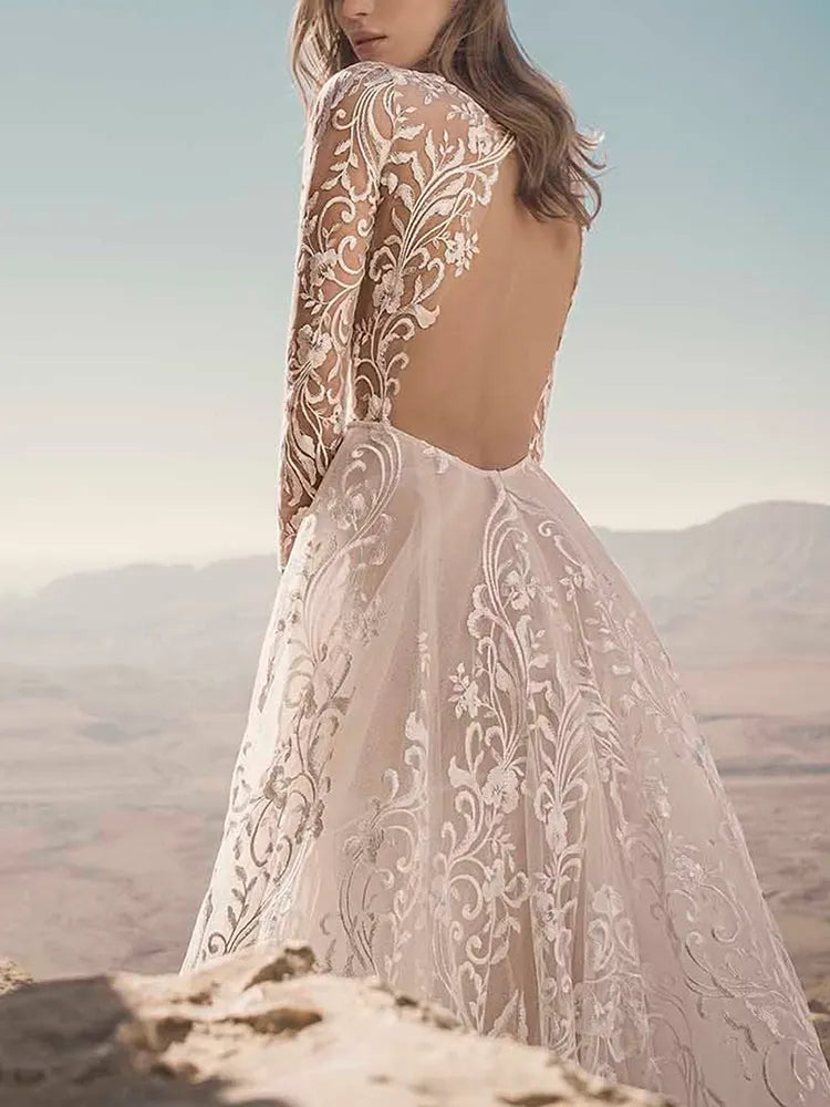 Sexy Deep V-Neck Lace See-Through Backless Empire A-Line Wedding Maxi Dress