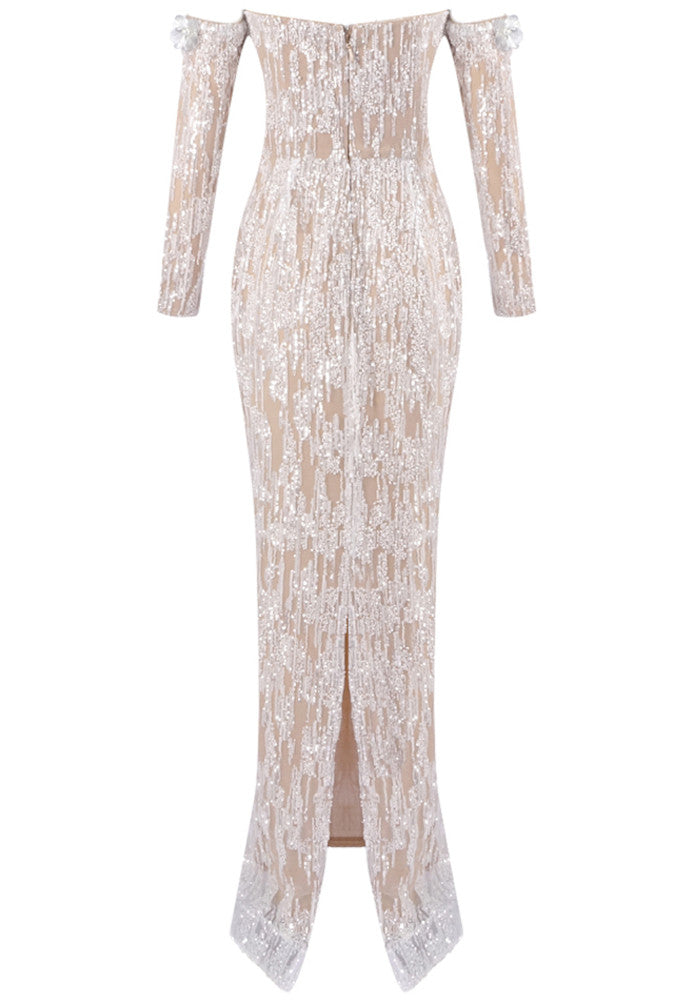 Long Sleeve Bardot Maxi Dress Nude