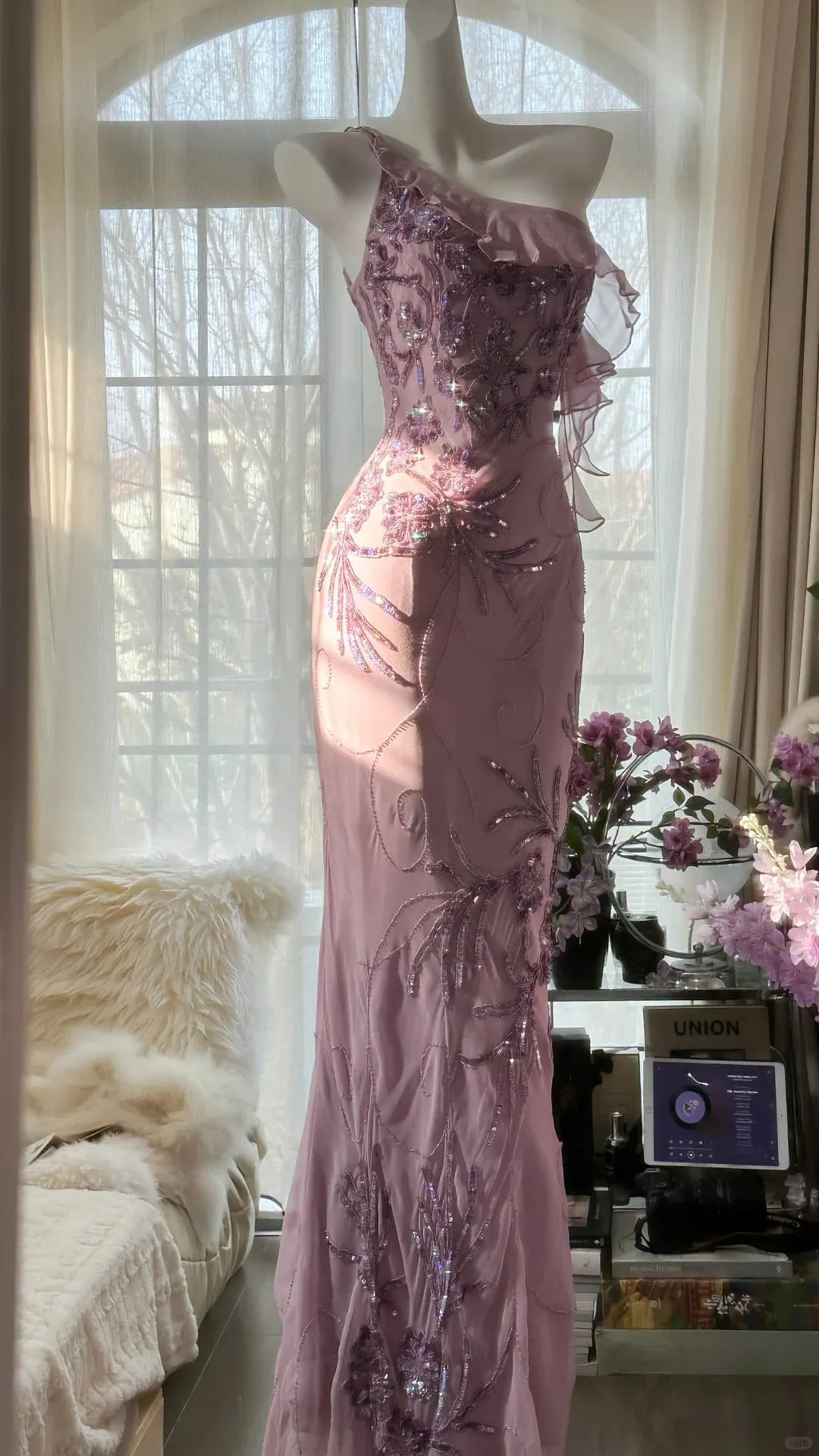 Pink Purple Romantic One Shoulder Fashion Elegant Exquisite Floral Beading Long Chiffon Ball Gown Evening Dress Birthday Holiday Party Dress Prom Dress 4012