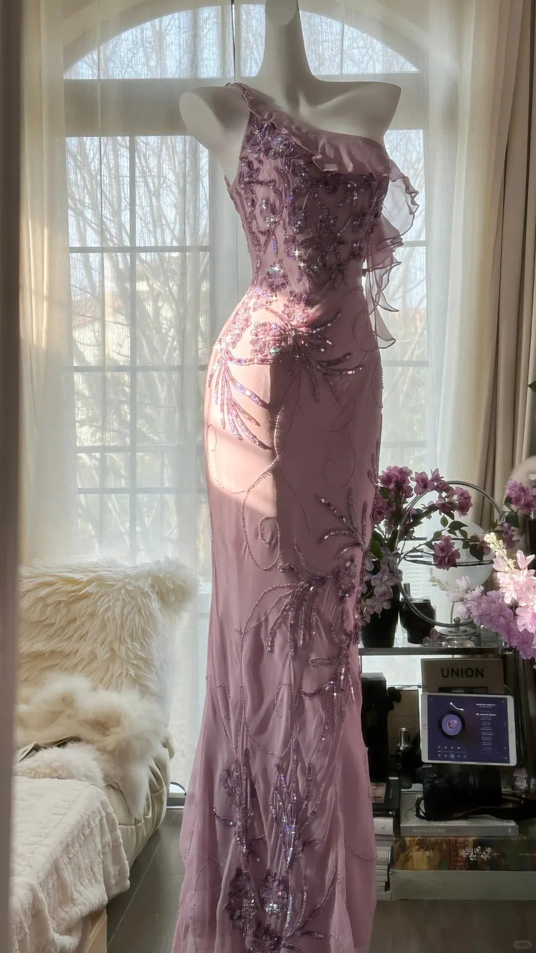 Pink Purple Romantic One Shoulder Fashion Elegant Exquisite Floral Beading Long Chiffon Ball Gown Evening Dress Birthday Holiday Party Dress Prom Dress 4012