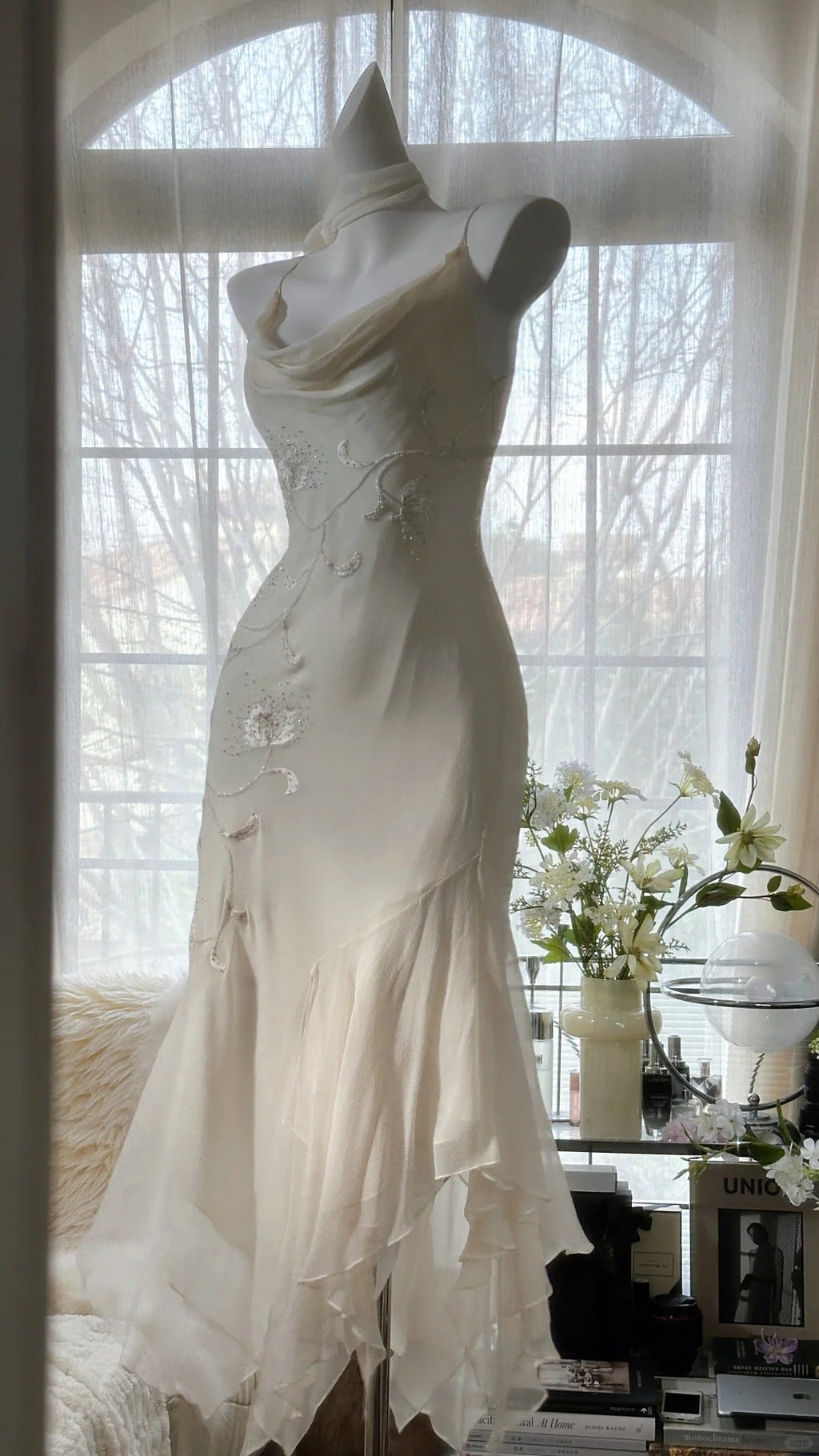 Ivory White Elegant Fashion Exquisite Floral Beading Long Chiffon Ball Gown Evening Dress Party Dress 4006