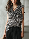 Elegant Black Plaid Ruffle Sleeveless Blouse