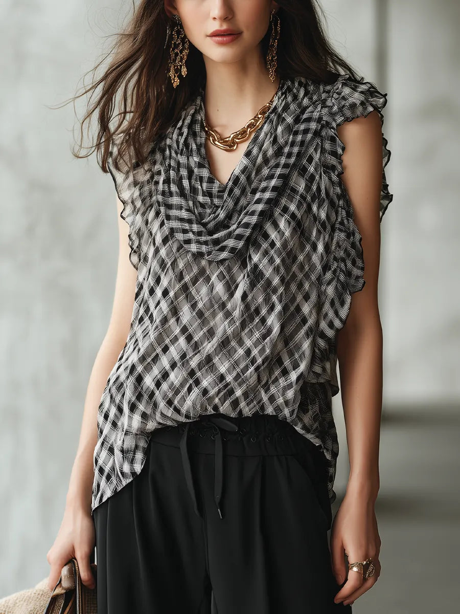 Elegant Black Plaid Ruffle Sleeveless Blouse