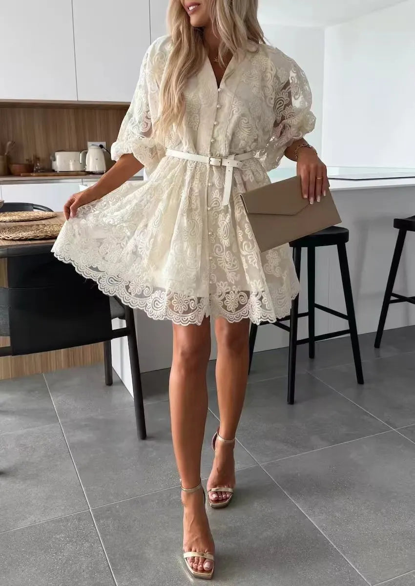 Women's Beige V-Neck Puff Sleeve Lace Embroidered Belted Mini Dress