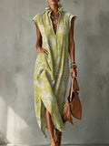 Elegant Floral And Botanical Decorative Patterns Women's No Sleeve Linen Cotton Dress