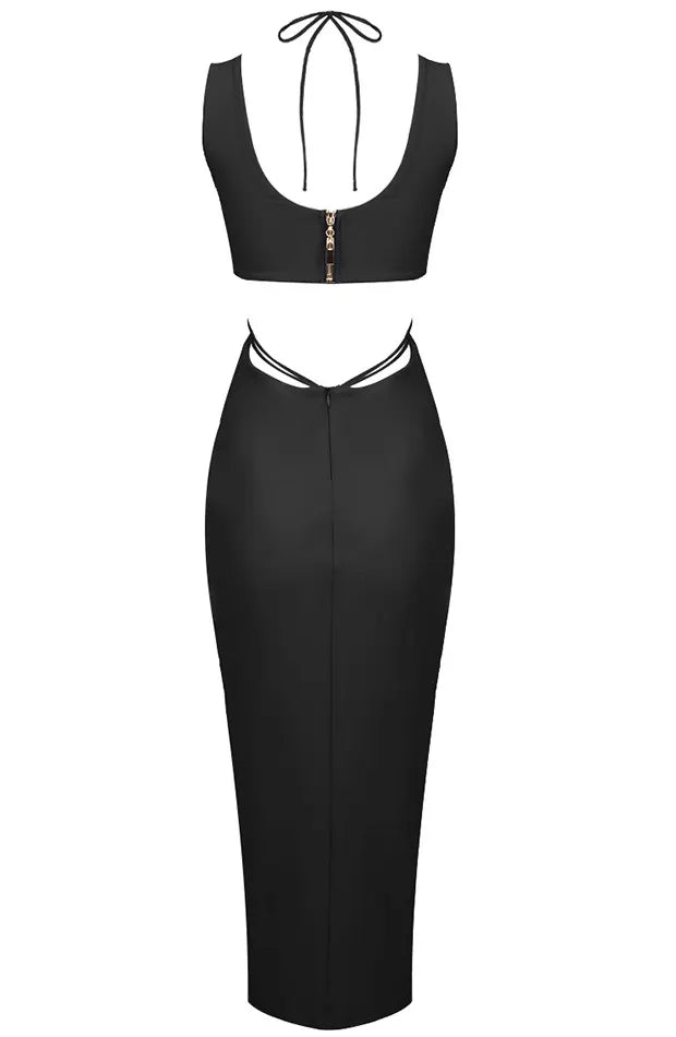 Halter Flower Detail Midi Dress Black