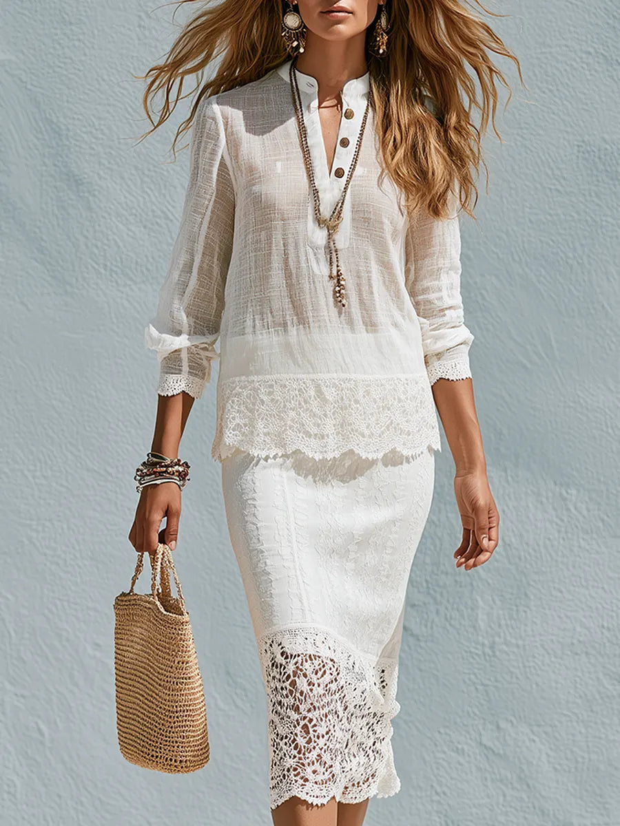 Bohemian  Lace Trimmed Shirt And Midi Skirt Set