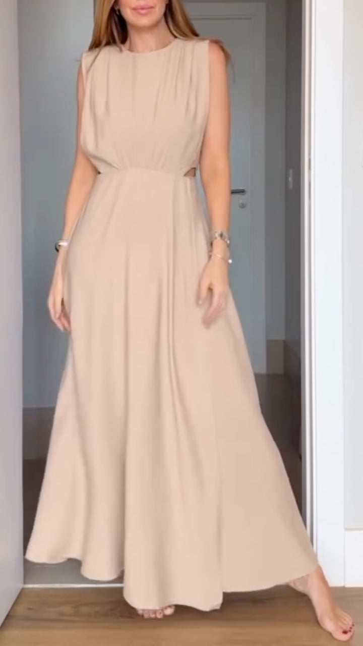 Beige Sleeveless Cutout Waist Tiered Maxi Dress