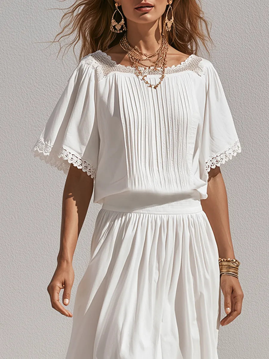 Romantic White Lace Trim  Blouse Midi Skirt Set