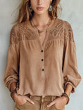 Refined Khaki Lace Yoke Blouse