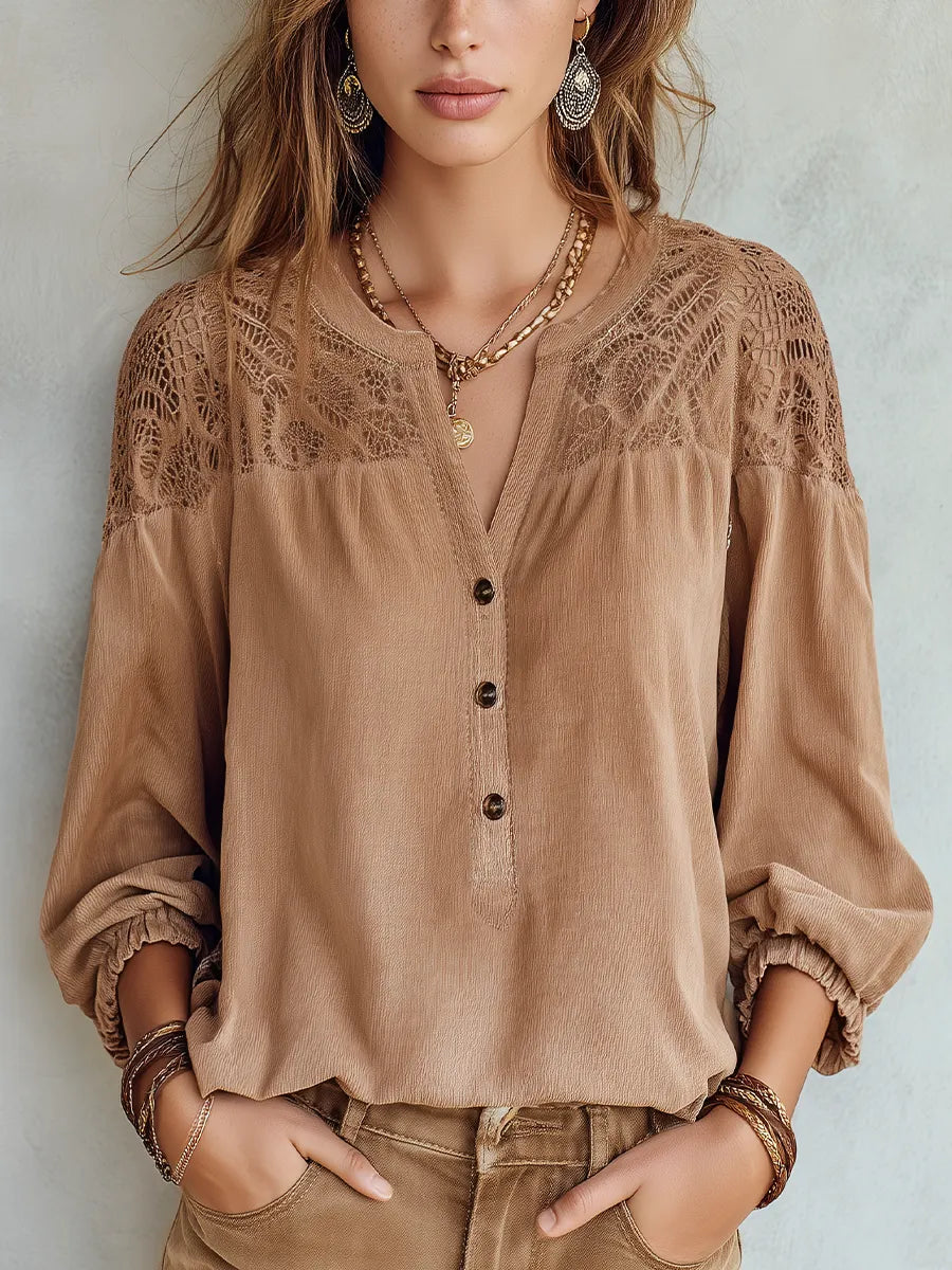 Refined Khaki Lace Yoke Blouse