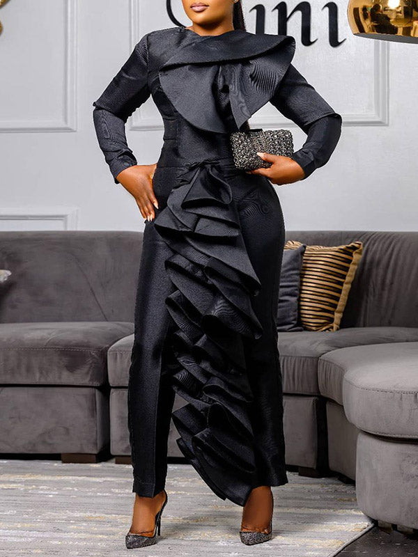 Elegant Falbala Soli Color Ruffled Long Sleeve Simple Jumpsuit