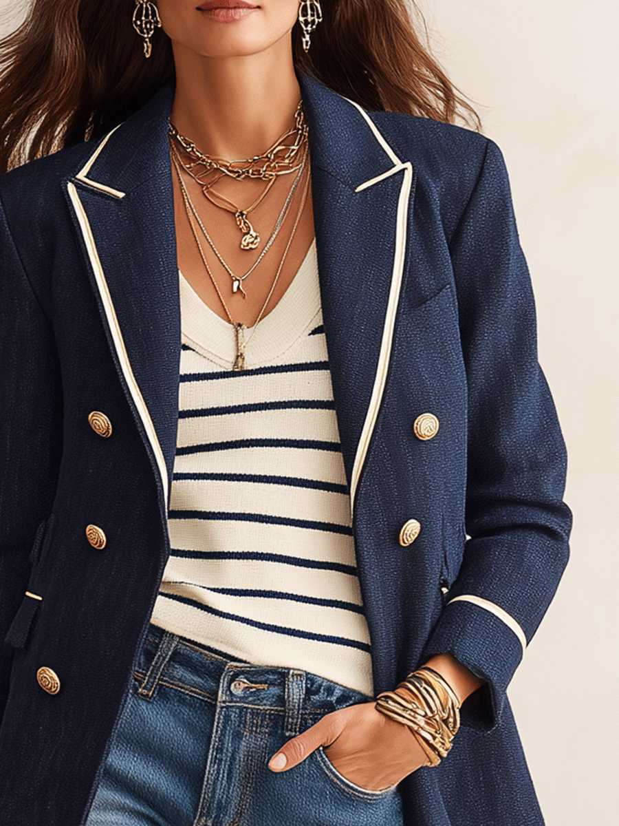 Effortless Chic Linen-Blend Notch-Lapel Gold-Button Navy Tailored Blazer