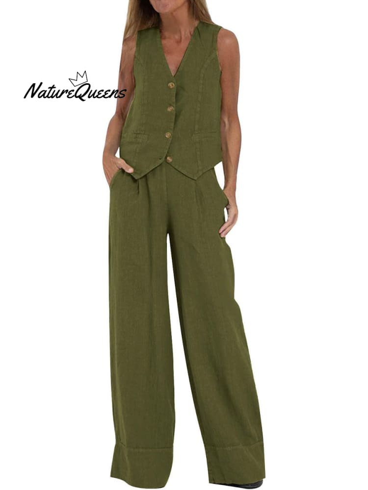 Women's Fashion Solid Color Vest Trousers Collage Stitching Cotton and Linen Casual Suit