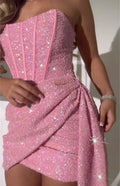 Pink Sequin Strapless Mini Dress with Corset Bustier & Draped Sash
