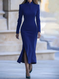 [24-hour shipping out]Fashion Retro Solid Color Stand Collar Button Detail Long Sleeve Slim Midi Dress