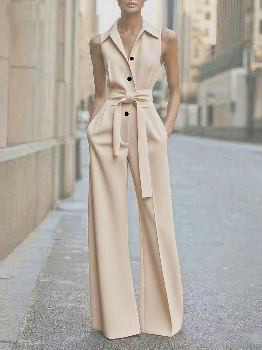 Elegant Sleeveless Blazer Jumpsuit - Professional Wide-Leg One-Piece with Waist Tie