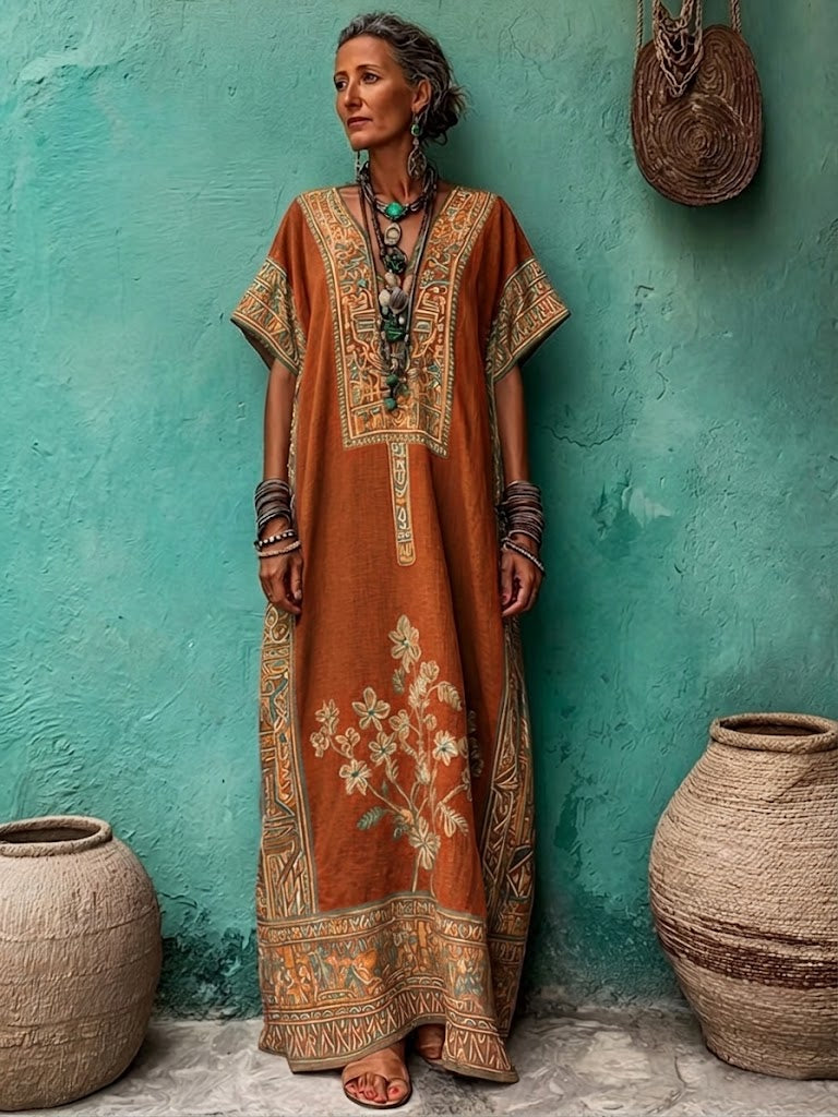 Bohemian-Print Loose and Cozy Linen-Cotton Dress