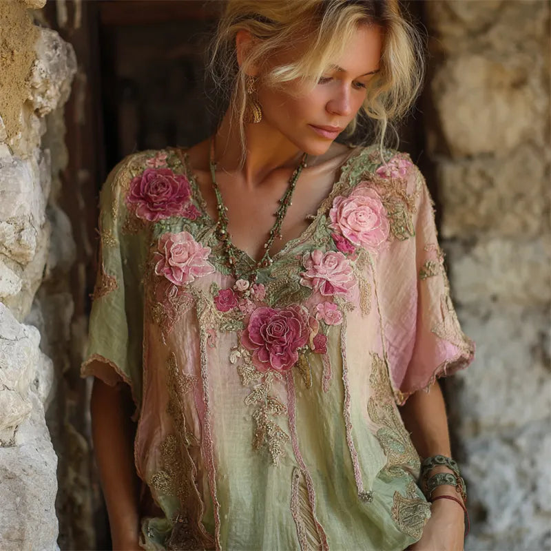 Boho Pink Roses 3d Embroidered Glitter Gradient Linen Shirt