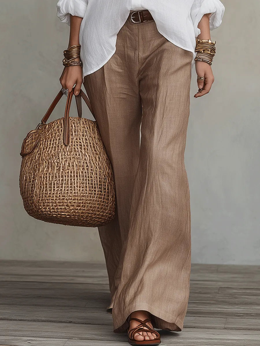 Soft Casual White Lightweight Linen Shirt Warm Sand Brown Wide-Leg Trousers