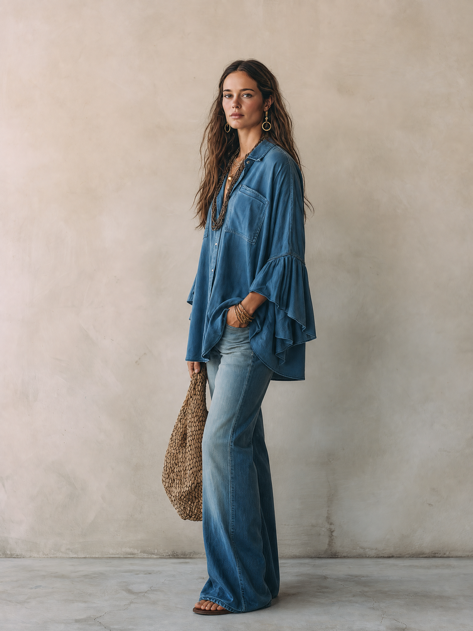 Effortless Chic Chambray Drop-Shoulder Flare-Sleeve Denim Blue Blouse