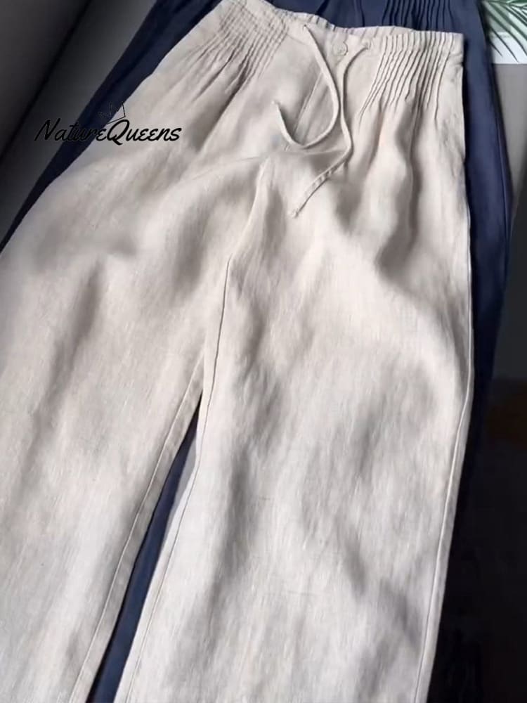 ?Limited time promotion Women's Solid Color Pleated Drawstring Casual Cotton and Linen Wide Leg Pants