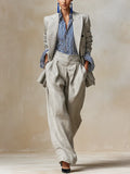 Bohemian Cotton Linen Grey Striped Shirt And Suit Set
