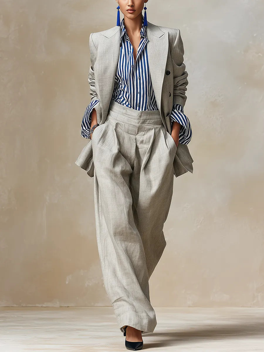 Bohemian Cotton Linen Grey Striped Shirt And Suit Set