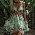 Women's Pink Rose Embroidery Art V-neck Suspender Mini Dress