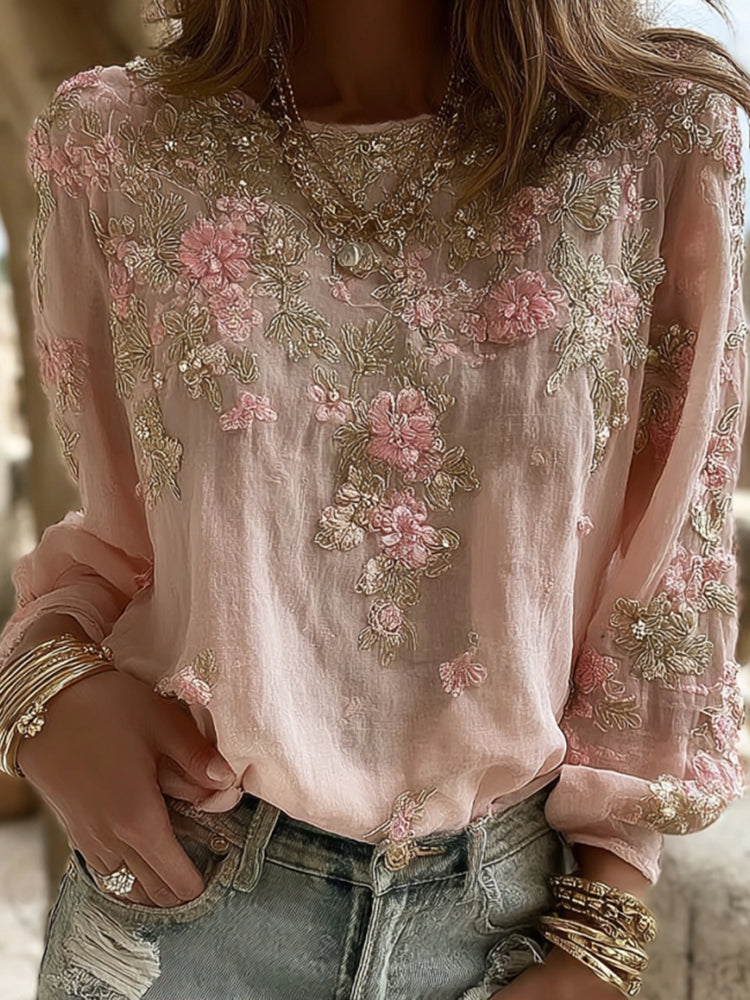 Women's Vintage Pink Flower Embroidery Art Print Round Neck Long Sleeve T-shirt