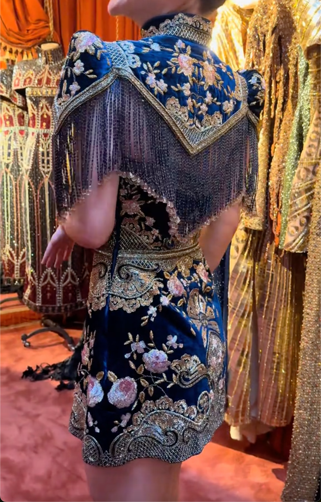 Navy Velvet Qipao Mini Dress with Gold Embroidery & Fringe Capelet