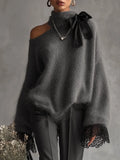 Women's Solid Color Knitted Turtleneck Sweater with Bow and Lace Sleeves