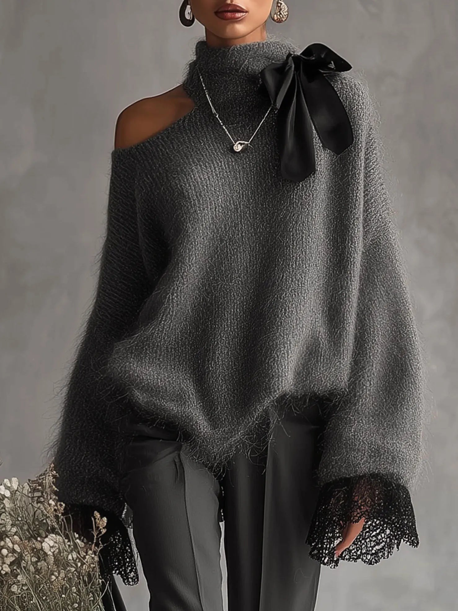 Women's Solid Color Knitted Turtleneck Sweater with Bow and Lace Sleeves