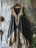 Vintage Lace Patchwork Ruffle Bottom Linen Tank Dress