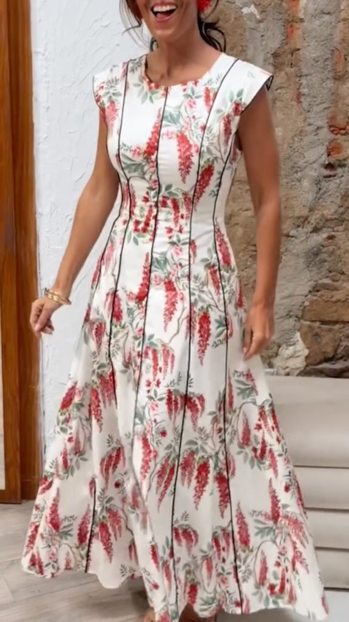 Women's Round Neck Rattan Flower Print Sleeveless Maxi Dress