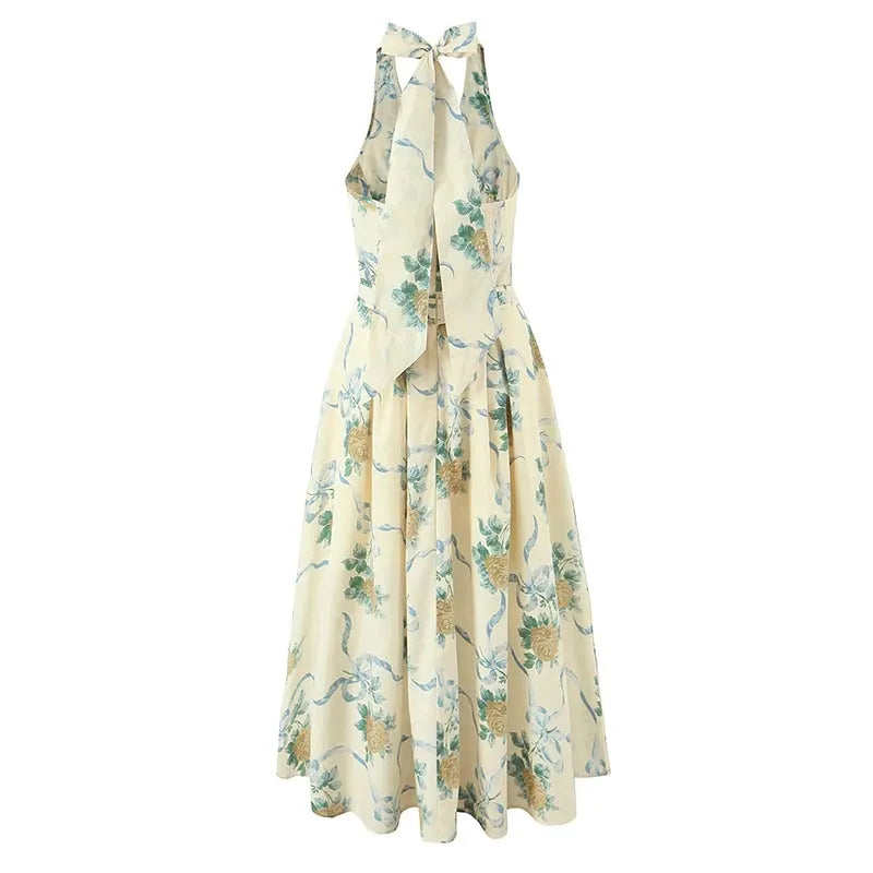 Evelisse Halterneck Corset Midi Dress – Summer Wedding Guest and Holiday Midi Dress in White or Yellow Floral Print