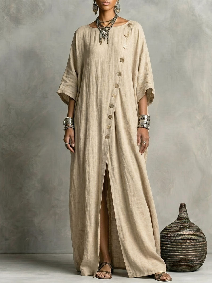 Women's Round-neck 3/4-sleeve Single-breasted Cotton-linen Maxi Dress
