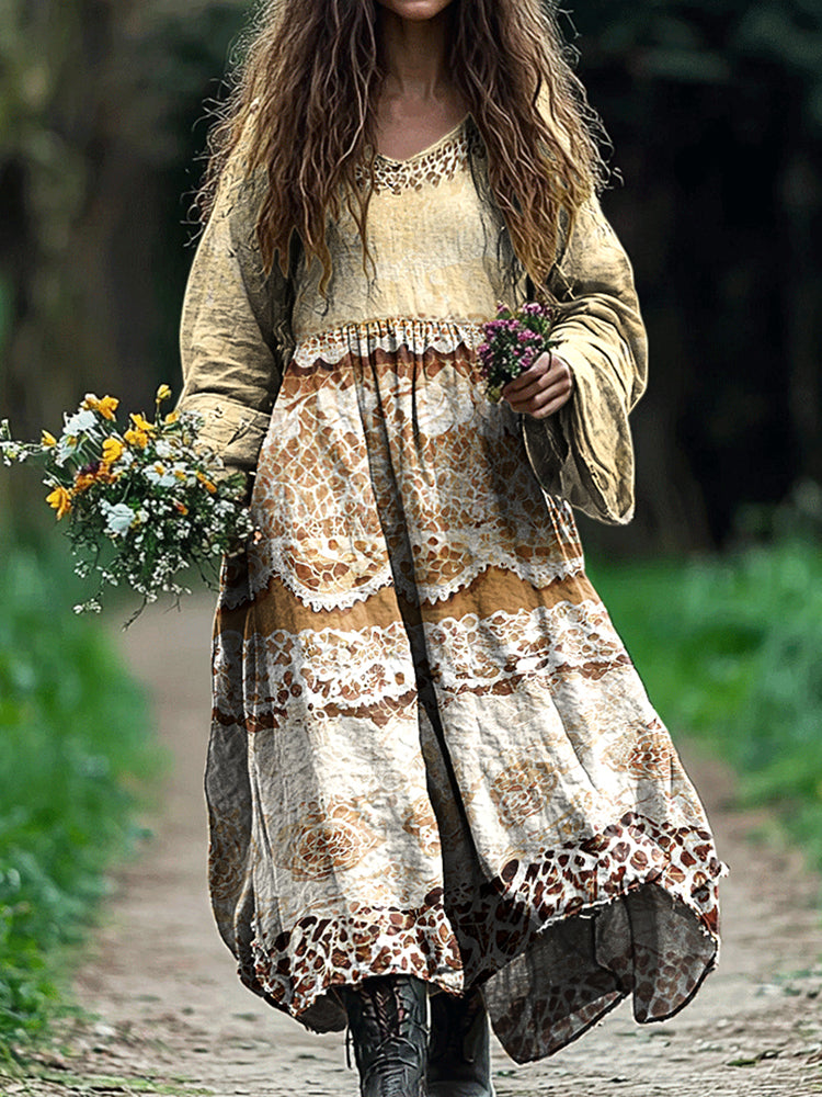 Vintage Lace Floral Linen Blend Maxi Dress